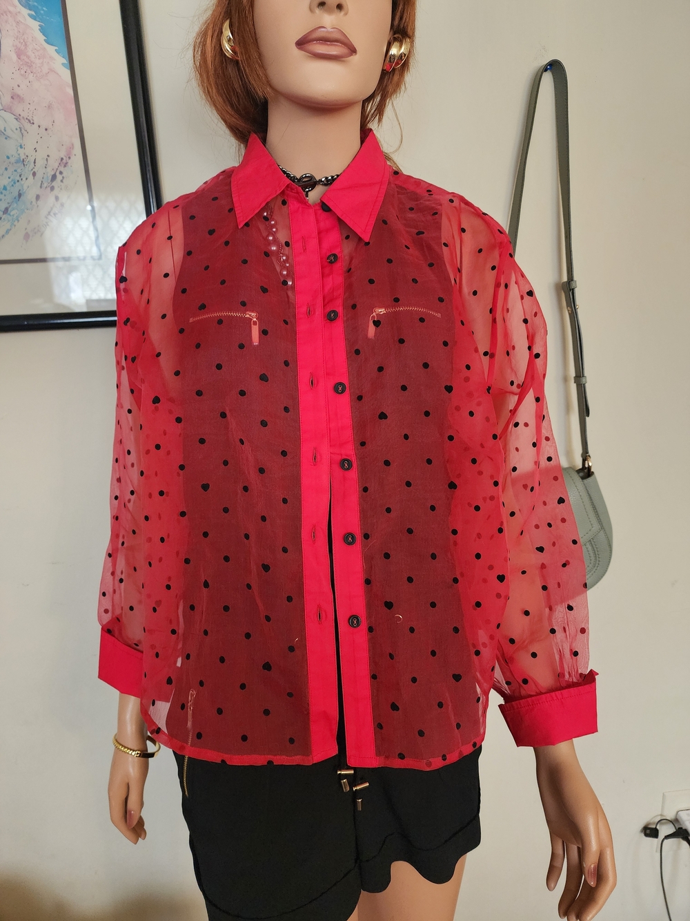 Maeve Red Sheer Polka Dot Button-Down Blouse